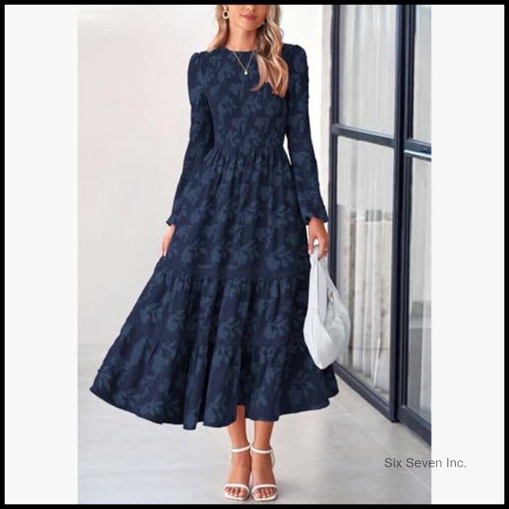 Long Sleeve Smocked Midi Dress Floral Boho Flowy Wedding Guest - Picture 5 of 7
